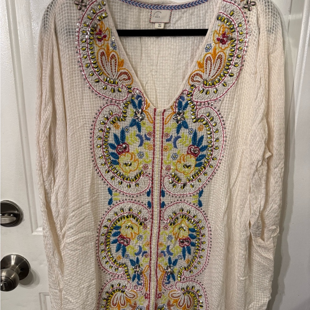 Anthropologie Cream Tunic with Blue and Red Trim